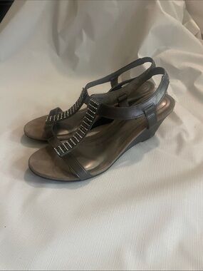 comfort plus by Predictions Pewter T-Strap Wedge Sandals with Rhinestones